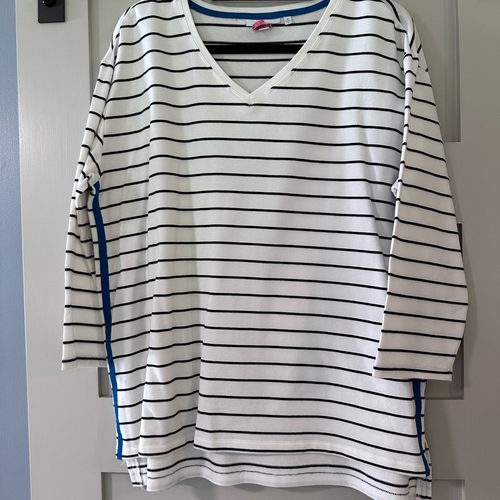 Chico's Black and White Striped V- Neck Top with Blue Trim - Size 2